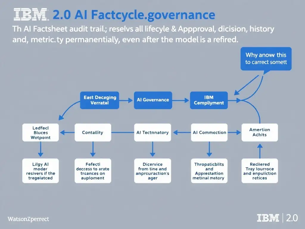 Educational infographic for IBM watsonx.governance: visualize the concept of 'The AI Factsheet audit trail that retains all lifecycle events, approval decisions, and metric history permanently even after the model is retired' within the '2.0 AI Lifecycle Governance' domain. Use a clean flowchart or layered diagram showing how this capability fits into an AI governance lifecycle — include labeled boxes for key steps, arrows showing data flow, and IBM blue/navy color palette. Add concise callout labels highlighting why this answer is correct.