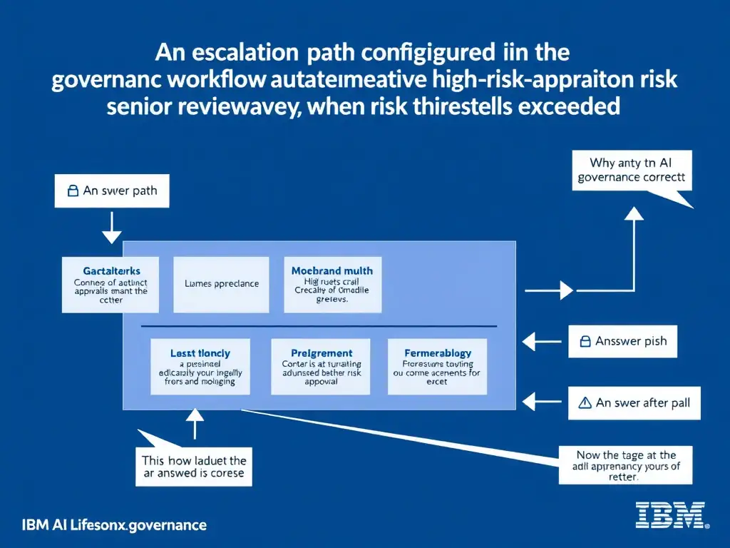 Educational infographic for IBM watsonx.governance: visualize the concept of 'An escalation path configured in the governance workflow that automatically routes high-risk approvals to designated senior reviewers when risk thresholds are exceeded' within the '2.0 AI Lifecycle Governance' domain. Use a clean flowchart or layered diagram showing how this capability fits into an AI governance lifecycle — include labeled boxes for key steps, arrows showing data flow, and IBM blue/navy color palette. Add concise callout labels highlighting why this answer is correct.