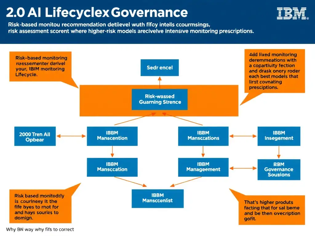 Educational infographic for IBM watsonx.governance: visualize the concept of 'Risk-based monitoring recommendations derived from each model's risk assessment score where higher-risk models receive more intensive monitoring prescriptions' within the '2.0 AI Lifecycle Governance' domain. Use a clean flowchart or layered diagram showing how this capability fits into an AI governance lifecycle — include labeled boxes for key steps, arrows showing data flow, and IBM blue/navy color palette. Add concise callout labels highlighting why this answer is correct.