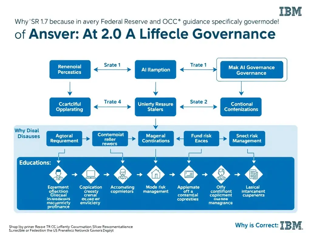 Educational infographic for IBM watsonx.governance: visualize the concept of 'SR 11-7 because it is the primary Federal Reserve and OCC guidance specifically governing model risk management at US financial institutions' within the '2.0 AI Lifecycle Governance' domain. Use a clean flowchart or layered diagram showing how this capability fits into an AI governance lifecycle — include labeled boxes for key steps, arrows showing data flow, and IBM blue/navy color palette. Add concise callout labels highlighting why this answer is correct.