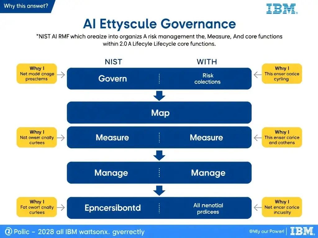 Educational infographic for IBM watsonx.governance: visualize the concept of 'NIST AI RMF which organizes AI risk management into the Govern, Map, Measure, and Manage core functions' within the '2.0 AI Lifecycle Governance' domain. Use a clean flowchart or layered diagram showing how this capability fits into an AI governance lifecycle — include labeled boxes for key steps, arrows showing data flow, and IBM blue/navy color palette. Add concise callout labels highlighting why this answer is correct.