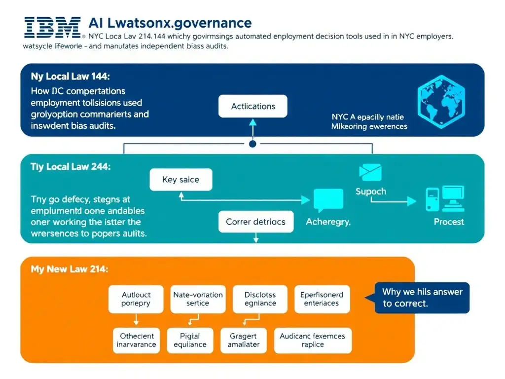 Educational infographic for IBM watsonx.governance: visualize the concept of 'NYC Local Law 144 which specifically governs automated employment decision tools used by NYC employers and mandates independent bias audits' within the '2.0 AI Lifecycle Governance' domain. Use a clean flowchart or layered diagram showing how this capability fits into an AI governance lifecycle — include labeled boxes for key steps, arrows showing data flow, and IBM blue/navy color palette. Add concise callout labels highlighting why this answer is correct.