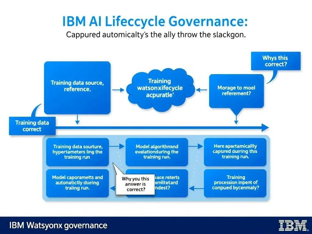 Educational infographic for IBM watsonx.governance: visualize the concept of 'Training data source reference, model algorithm, hyperparameters, and evaluation metrics captured automatically during the training run' within the '2.0 AI Lifecycle Governance' domain. Use a clean flowchart or layered diagram showing how this capability fits into an AI governance lifecycle — include labeled boxes for key steps, arrows showing data flow, and IBM blue/navy color palette. Add concise callout labels highlighting why this answer is correct.