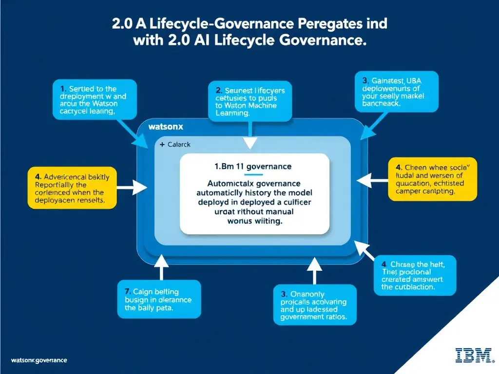 Educational infographic for IBM watsonx.governance: visualize the concept of 'watsonx.governance automatically captured the deployment history when the model was deployed in Watson Machine Learning, triggering a Factsheet update without manual intervention' within the '2.0 AI Lifecycle Governance' domain. Use a clean flowchart or layered diagram showing how this capability fits into an AI governance lifecycle — include labeled boxes for key steps, arrows showing data flow, and IBM blue/navy color palette. Add concise callout labels highlighting why this answer is correct.