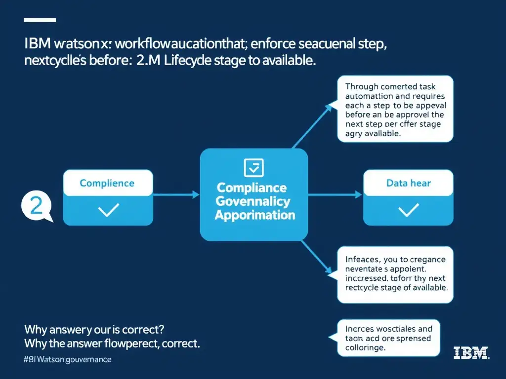 Educational infographic for IBM watsonx.governance: visualize the concept of 'Through compliance workflow automation that enforces sequential task completion and requires each step to be approved before the next step or lifecycle stage becomes available' within the '2.0 AI Lifecycle Governance' domain. Use a clean flowchart or layered diagram showing how this capability fits into an AI governance lifecycle — include labeled boxes for key steps, arrows showing data flow, and IBM blue/navy color palette. Add concise callout labels highlighting why this answer is correct.