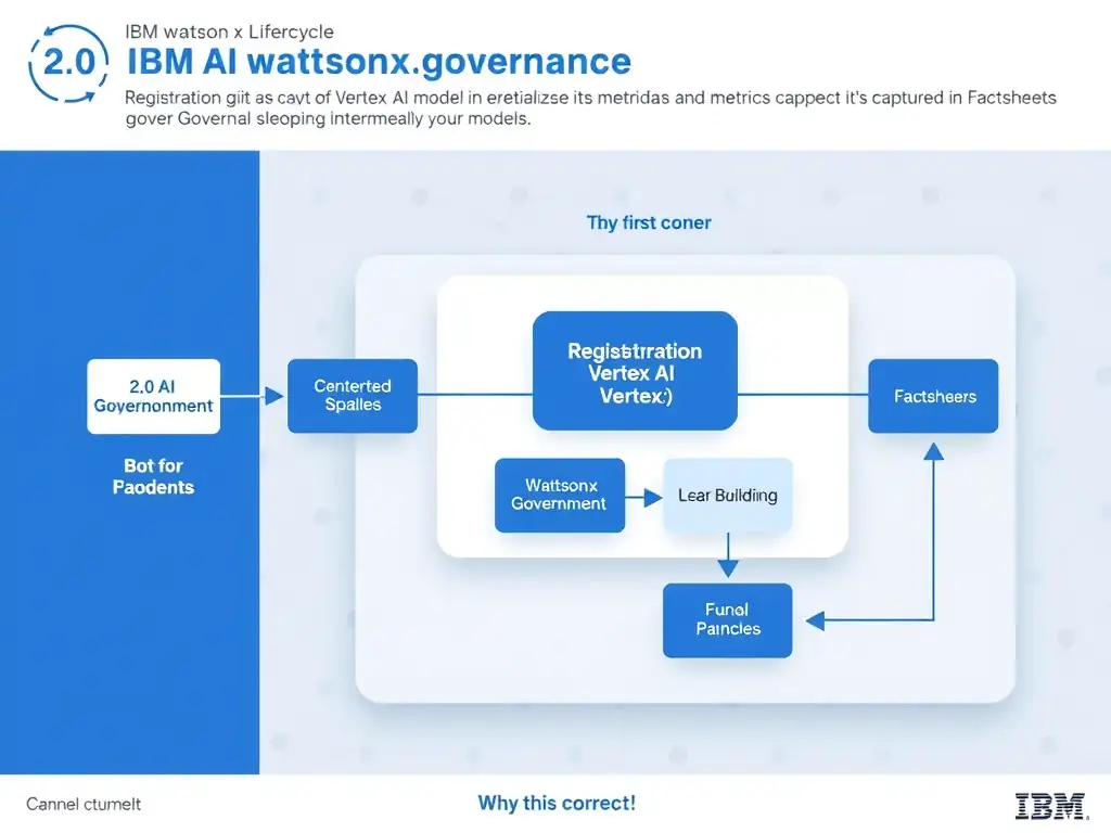 Educational infographic for IBM watsonx.governance: visualize the concept of 'Registration of the external Vertex AI model in watsonx.governance so its metadata and metrics are captured in Factsheets alongside internally built models' within the '2.0 AI Lifecycle Governance' domain. Use a clean flowchart or layered diagram showing how this capability fits into an AI governance lifecycle — include labeled boxes for key steps, arrows showing data flow, and IBM blue/navy color palette. Add concise callout labels highlighting why this answer is correct.