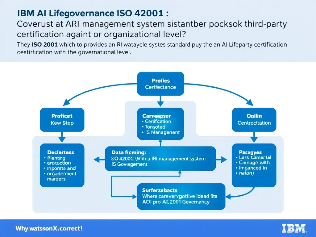 Educational infographic for IBM watsonx.governance: visualize the concept of 'ISO 42001 which provides an AI management system standard that organizations can seek third-party certification against at the organizational level' within the '2.0 AI Lifecycle Governance' domain. Use a clean flowchart or layered diagram showing how this capability fits into an AI governance lifecycle — include labeled boxes for key steps, arrows showing data flow, and IBM blue/navy color palette. Add concise callout labels highlighting why this answer is correct.