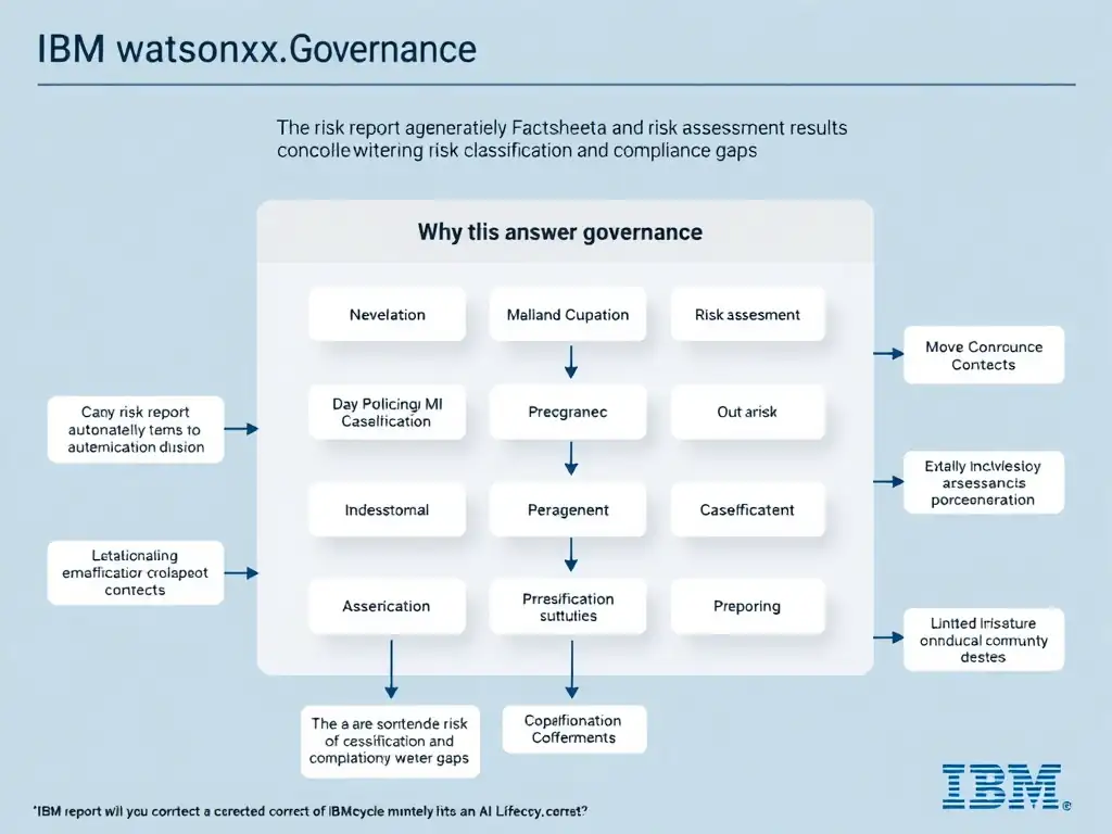 Educational infographic for IBM watsonx.governance: visualize the concept of 'The risk report automatically generated from Factsheet data and risk assessment results consolidating risk classification and compliance gaps' within the '2.0 AI Lifecycle Governance' domain. Use a clean flowchart or layered diagram showing how this capability fits into an AI governance lifecycle — include labeled boxes for key steps, arrows showing data flow, and IBM blue/navy color palette. Add concise callout labels highlighting why this answer is correct.