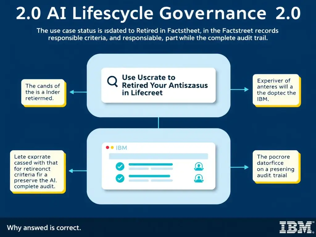 Educational infographic for IBM watsonx.governance: visualize the concept of 'The use case status is updated to Retired in the AI lifecycle and the Factsheet records the retirement criteria, date, and responsible parties while preserving the complete audit trail' within the '2.0 AI Lifecycle Governance' domain. Use a clean flowchart or layered diagram showing how this capability fits into an AI governance lifecycle — include labeled boxes for key steps, arrows showing data flow, and IBM blue/navy color palette. Add concise callout labels highlighting why this answer is correct.