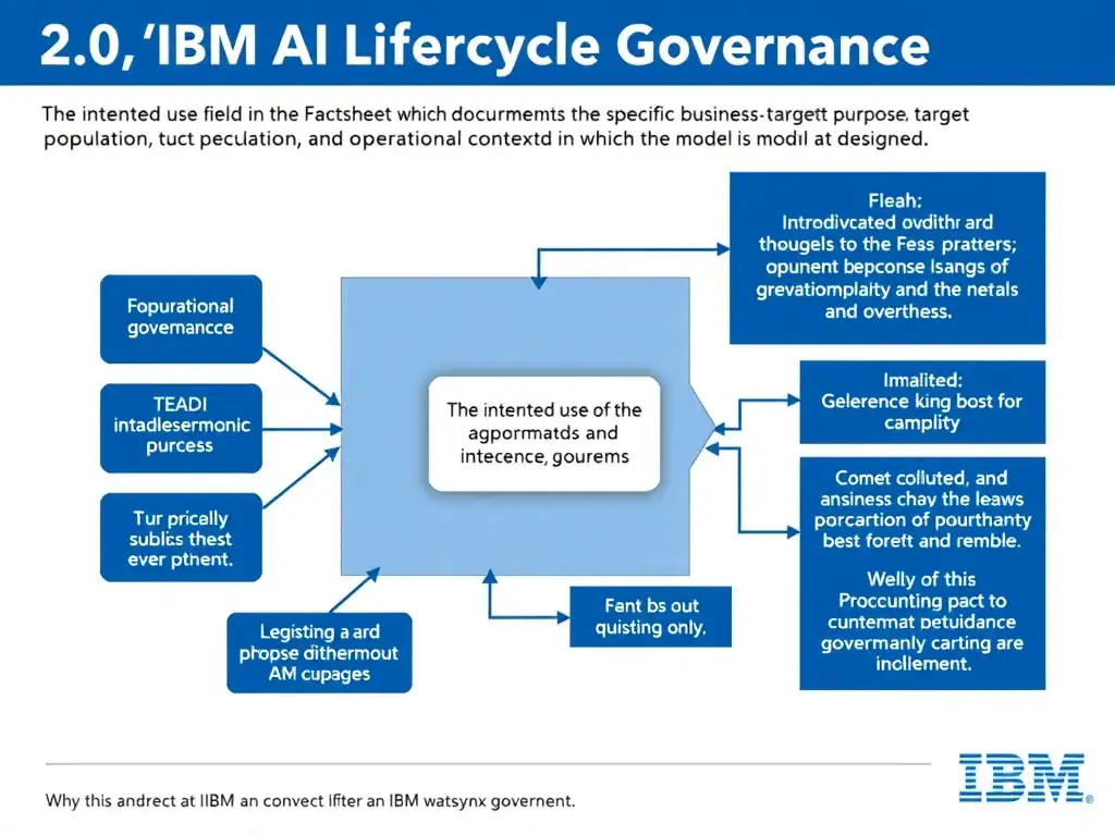 Educational infographic for IBM watsonx.governance: visualize the concept of 'The intended use field in the Factsheet which documents the specific business purpose, target population, and operational context for which the model was designed' within the '2.0 AI Lifecycle Governance' domain. Use a clean flowchart or layered diagram showing how this capability fits into an AI governance lifecycle — include labeled boxes for key steps, arrows showing data flow, and IBM blue/navy color palette. Add concise callout labels highlighting why this answer is correct.