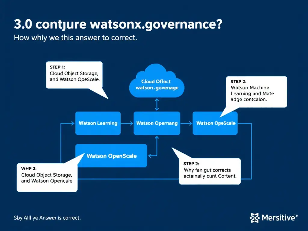 Educational infographic for IBM watsonx.governance: visualize the concept of 'Cloud Object Storage, Watson Machine Learning, and Watson OpenScale' within the '3.0 Configure watsonx.governance' domain. Use a clean flowchart or layered diagram showing how this capability fits into an AI governance lifecycle — include labeled boxes for key steps, arrows showing data flow, and IBM blue/navy color palette. Add concise callout labels highlighting why this answer is correct.