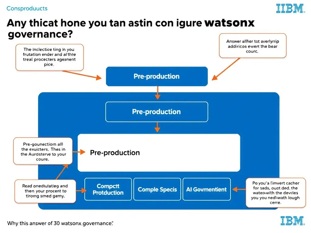 Educational infographic for IBM watsonx.governance: visualize the concept of 'Pre-production' within the '3.0 Configure watsonx.governance' domain. Use a clean flowchart or layered diagram showing how this capability fits into an AI governance lifecycle — include labeled boxes for key steps, arrows showing data flow, and IBM blue/navy color palette. Add concise callout labels highlighting why this answer is correct.