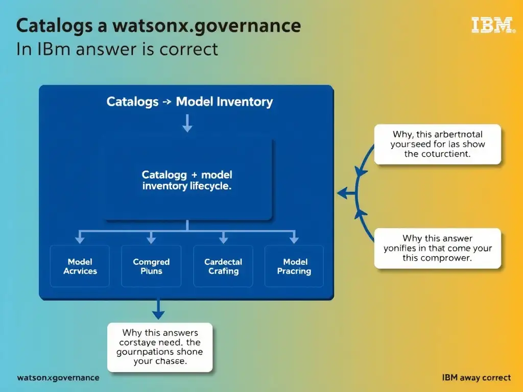 Educational infographic for IBM watsonx.governance: visualize the concept of 'Catalogs → Model Inventory' within the '3.0 Configure watsonx.governance' domain. Use a clean flowchart or layered diagram showing how this capability fits into an AI governance lifecycle — include labeled boxes for key steps, arrows showing data flow, and IBM blue/navy color palette. Add concise callout labels highlighting why this answer is correct.