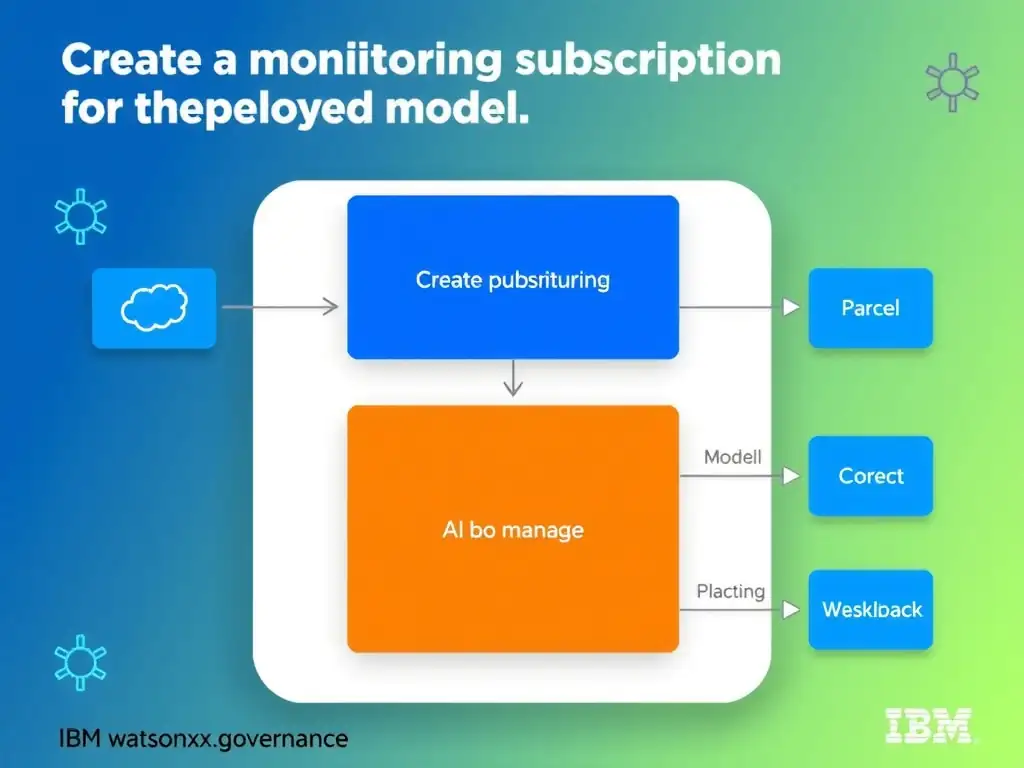 Educational infographic for IBM watsonx.governance: visualize the concept of 'Create a monitoring subscription for the deployed model.' within the '3.0 Configure watsonx.governance' domain. Use a clean flowchart or layered diagram showing how this capability fits into an AI governance lifecycle — include labeled boxes for key steps, arrows showing data flow, and IBM blue/navy color palette. Add concise callout labels highlighting why this answer is correct.