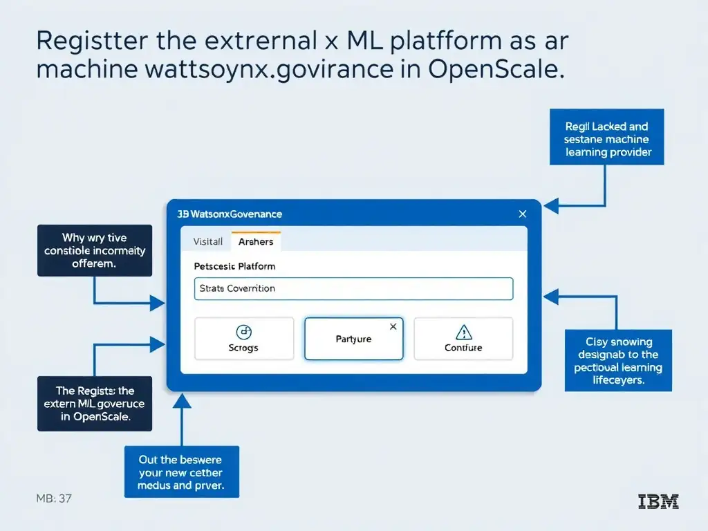 Educational infographic for IBM watsonx.governance: visualize the concept of 'Register the external ML platform as a machine learning provider in OpenScale.' within the '3.0 Configure watsonx.governance' domain. Use a clean flowchart or layered diagram showing how this capability fits into an AI governance lifecycle — include labeled boxes for key steps, arrows showing data flow, and IBM blue/navy color palette. Add concise callout labels highlighting why this answer is correct.