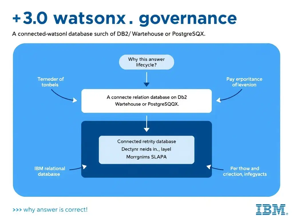 Educational infographic for IBM watsonx.governance: visualize the concept of 'A connected relational database such as Db2 Warehouse or PostgreSQL.' within the '3.0 Configure watsonx.governance' domain. Use a clean flowchart or layered diagram showing how this capability fits into an AI governance lifecycle — include labeled boxes for key steps, arrows showing data flow, and IBM blue/navy color palette. Add concise callout labels highlighting why this answer is correct.