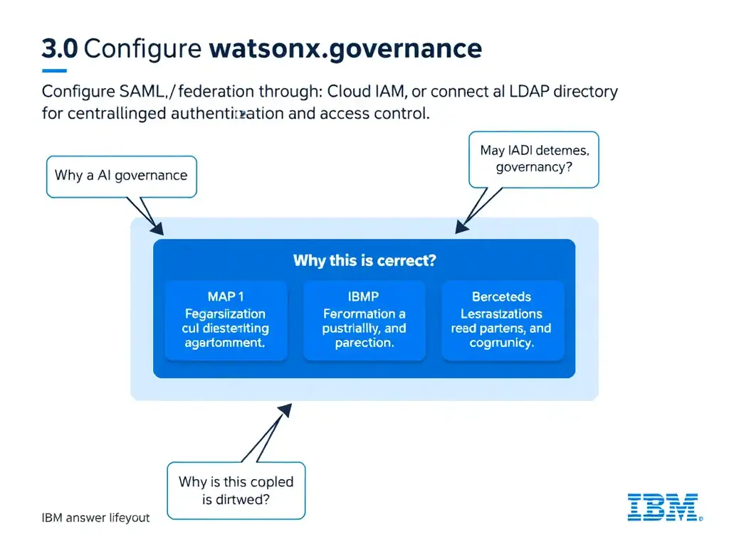 Educational infographic for IBM watsonx.governance: visualize the concept of 'Configure SAML federation through IBM Cloud IAM, or connect an LDAP directory for centralized authentication and access control' within the '3.0 Configure watsonx.governance' domain. Use a clean flowchart or layered diagram showing how this capability fits into an AI governance lifecycle — include labeled boxes for key steps, arrows showing data flow, and IBM blue/navy color palette. Add concise callout labels highlighting why this answer is correct.