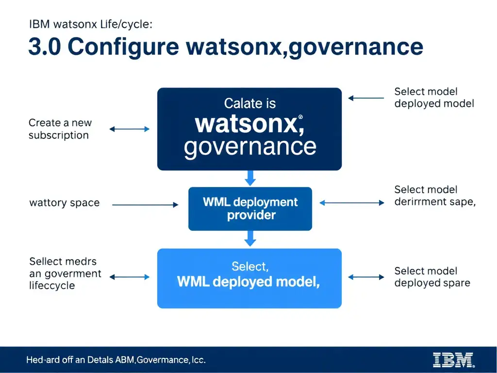 Educational infographic for IBM watsonx.governance: visualize the concept of 'In Watson OpenScale, create a new subscription, select the WML deployment space as the machine learning provider, then select the specific deployed model' within the '3.0 Configure watsonx.governance' domain. Use a clean flowchart or layered diagram showing how this capability fits into an AI governance lifecycle — include labeled boxes for key steps, arrows showing data flow, and IBM blue/navy color palette. Add concise callout labels highlighting why this answer is correct.