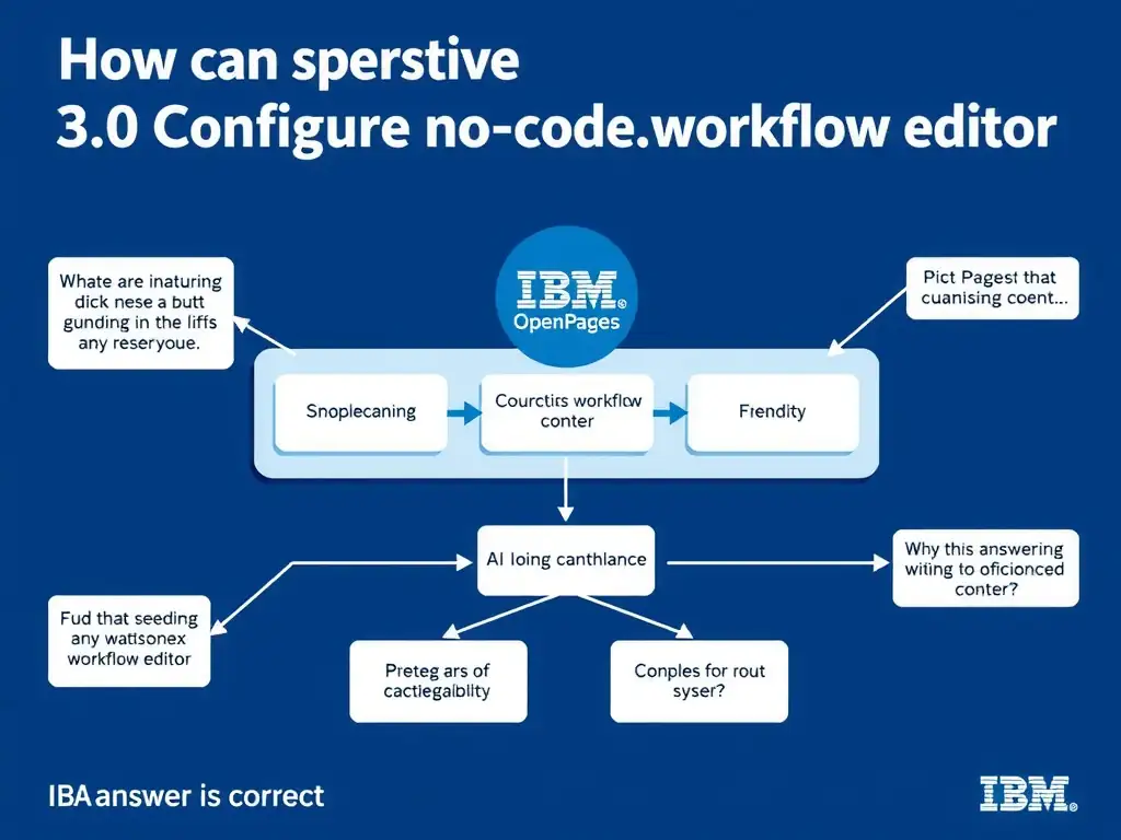 Educational infographic for IBM watsonx.governance: visualize the concept of 'OpenPages no-code workflow editor' within the '3.0 Configure watsonx.governance' domain. Use a clean flowchart or layered diagram showing how this capability fits into an AI governance lifecycle — include labeled boxes for key steps, arrows showing data flow, and IBM blue/navy color palette. Add concise callout labels highlighting why this answer is correct.