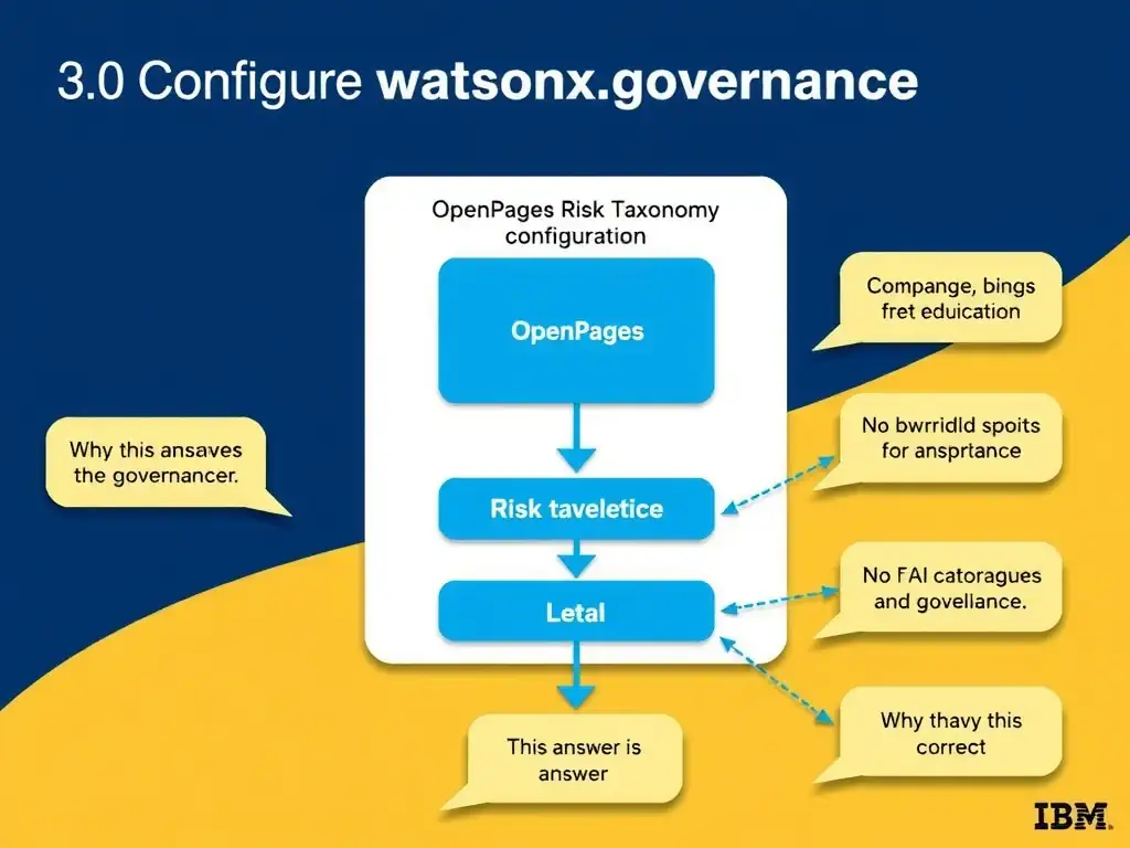 Educational infographic for IBM watsonx.governance: visualize the concept of 'OpenPages Risk Taxonomy configuration' within the '3.0 Configure watsonx.governance' domain. Use a clean flowchart or layered diagram showing how this capability fits into an AI governance lifecycle — include labeled boxes for key steps, arrows showing data flow, and IBM blue/navy color palette. Add concise callout labels highlighting why this answer is correct.