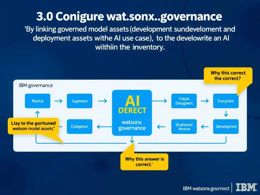 Educational infographic for IBM watsonx.governance: visualize the concept of 'By linking governed model assets (development and deployment assets) to the AI use case within the inventory.' within the '3.0 Configure watsonx.governance' domain. Use a clean flowchart or layered diagram showing how this capability fits into an AI governance lifecycle — include labeled boxes for key steps, arrows showing data flow, and IBM blue/navy color palette. Add concise callout labels highlighting why this answer is correct.