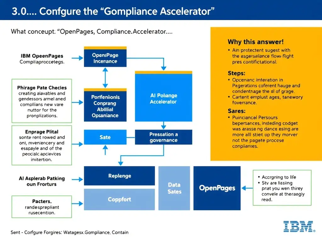 Educational infographic for IBM watsonx.governance: visualize the concept of 'OpenPages Compliance Accelerator' within the '3.0 Configure watsonx.governance' domain. Use a clean flowchart or layered diagram showing how this capability fits into an AI governance lifecycle — include labeled boxes for key steps, arrows showing data flow, and IBM blue/navy color palette. Add concise callout labels highlighting why this answer is correct.