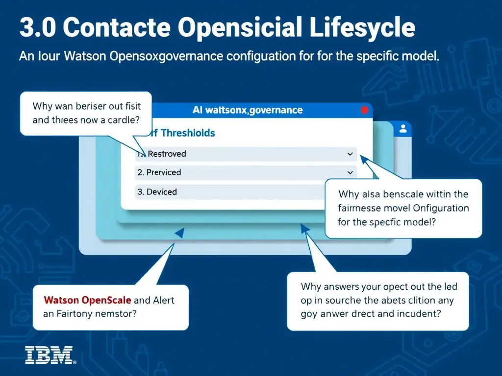 Educational infographic for IBM watsonx.governance: visualize the concept of 'Watson OpenScale → Subscription → Alert Thresholds within the fairness monitor configuration for the specific model' within the '3.0 Configure watsonx.governance' domain. Use a clean flowchart or layered diagram showing how this capability fits into an AI governance lifecycle — include labeled boxes for key steps, arrows showing data flow, and IBM blue/navy color palette. Add concise callout labels highlighting why this answer is correct.
