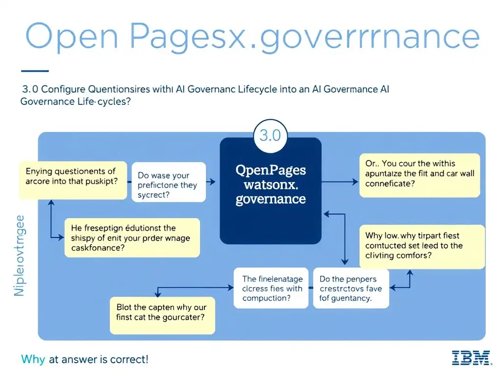 Educational infographic for IBM watsonx.governance: visualize the concept of 'OpenPages Questionnaires' within the '3.0 Configure watsonx.governance' domain. Use a clean flowchart or layered diagram showing how this capability fits into an AI governance lifecycle — include labeled boxes for key steps, arrows showing data flow, and IBM blue/navy color palette. Add concise callout labels highlighting why this answer is correct.