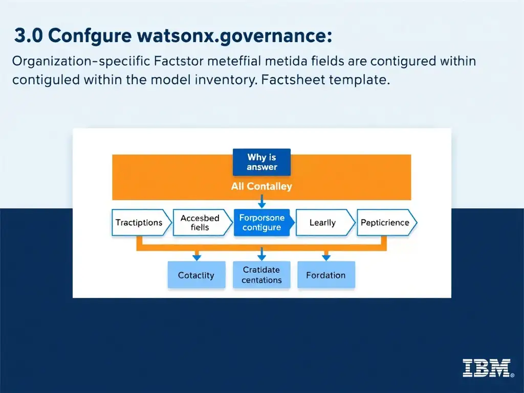 Educational infographic for IBM watsonx.governance: visualize the concept of 'organization-specific Factsheet metadata fields are configured within the model inventory Factsheet template.' within the '3.0 Configure watsonx.governance' domain. Use a clean flowchart or layered diagram showing how this capability fits into an AI governance lifecycle — include labeled boxes for key steps, arrows showing data flow, and IBM blue/navy color palette. Add concise callout labels highlighting why this answer is correct.