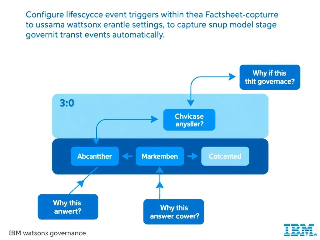 Educational infographic for IBM watsonx.governance: visualize the concept of 'Configure lifecycle event triggers within the AI Factsheet settings to capture model stage transition events automatically' within the '3.0 Configure watsonx.governance' domain. Use a clean flowchart or layered diagram showing how this capability fits into an AI governance lifecycle — include labeled boxes for key steps, arrows showing data flow, and IBM blue/navy color palette. Add concise callout labels highlighting why this answer is correct.