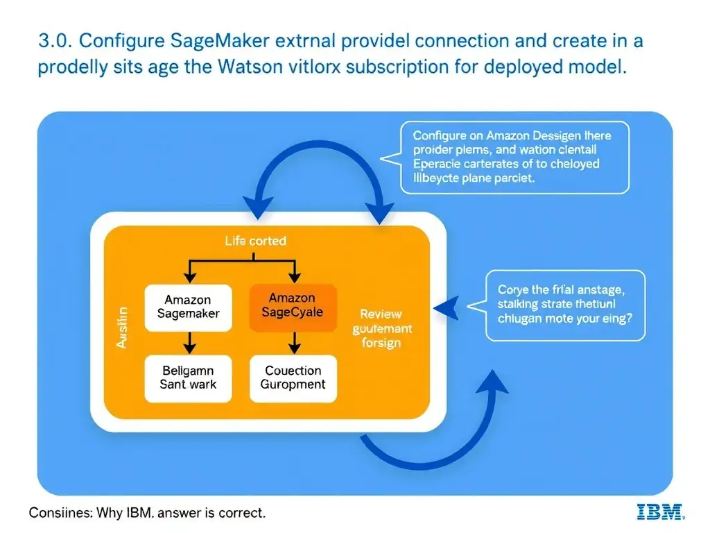 Educational infographic for IBM watsonx.governance: visualize the concept of 'Configure an Amazon SageMaker external provider connection in Watson OpenScale and create a monitoring subscription for the deployed model' within the '3.0 Configure watsonx.governance' domain. Use a clean flowchart or layered diagram showing how this capability fits into an AI governance lifecycle — include labeled boxes for key steps, arrows showing data flow, and IBM blue/navy color palette. Add concise callout labels highlighting why this answer is correct.