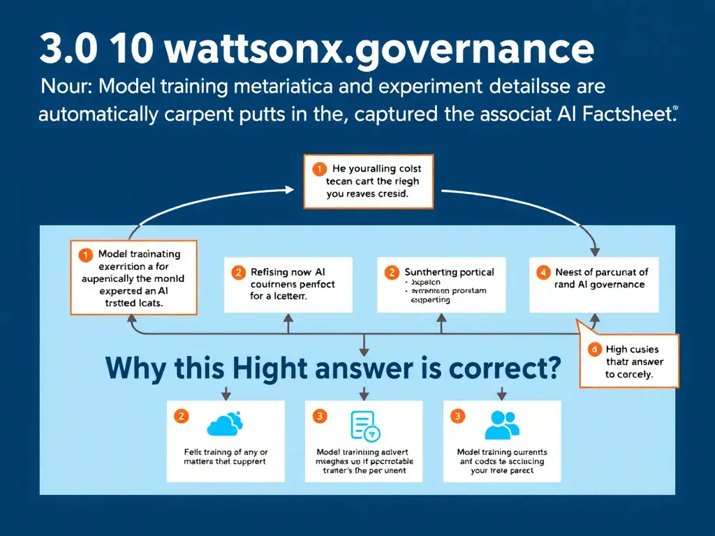 Educational infographic for IBM watsonx.governance: visualize the concept of 'Model training metadata and experiment details are automatically captured in the associated AI Factsheet' within the '3.0 Configure watsonx.governance' domain. Use a clean flowchart or layered diagram showing how this capability fits into an AI governance lifecycle — include labeled boxes for key steps, arrows showing data flow, and IBM blue/navy color palette. Add concise callout labels highlighting why this answer is correct.