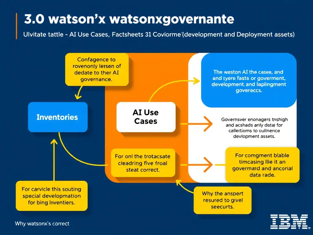 Educational infographic for IBM watsonx.governance: visualize the concept of 'Inventories → AI Use Cases → Factsheets and governed assets (development and deployment assets)' within the '3.0 Configure watsonx.governance' domain. Use a clean flowchart or layered diagram showing how this capability fits into an AI governance lifecycle — include labeled boxes for key steps, arrows showing data flow, and IBM blue/navy color palette. Add concise callout labels highlighting why this answer is correct.