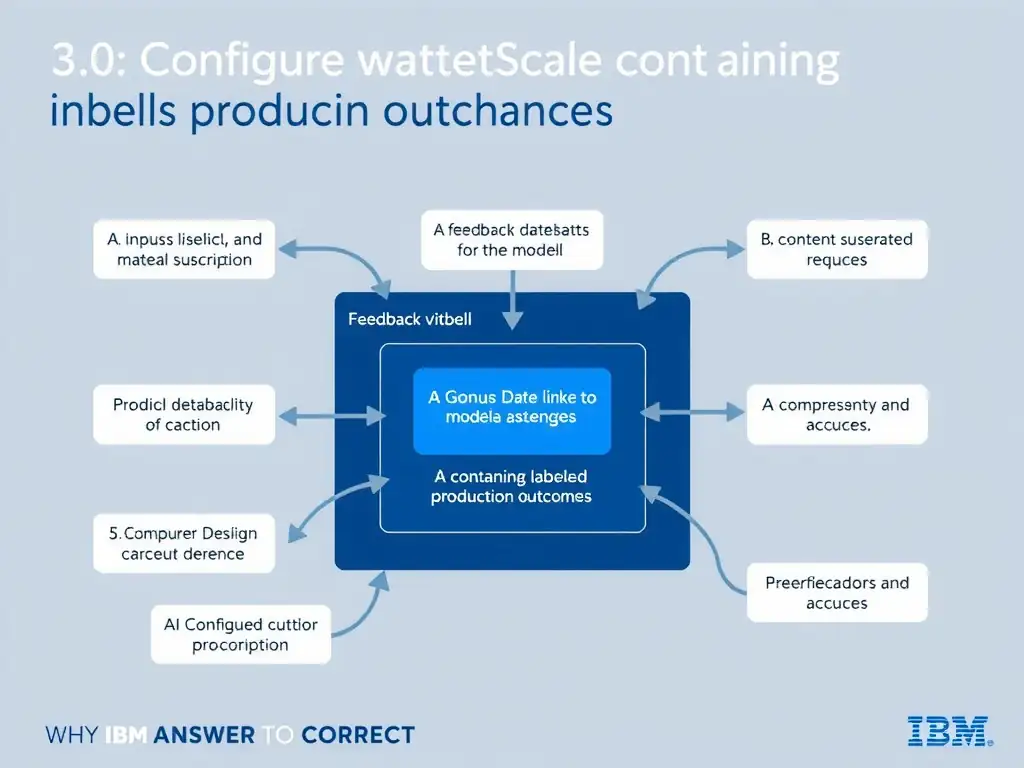 Educational infographic for IBM watsonx.governance: visualize the concept of 'A feedback dataset linked to the model's OpenScale subscription containing labeled production outcomes' within the '3.0 Configure watsonx.governance' domain. Use a clean flowchart or layered diagram showing how this capability fits into an AI governance lifecycle — include labeled boxes for key steps, arrows showing data flow, and IBM blue/navy color palette. Add concise callout labels highlighting why this answer is correct.