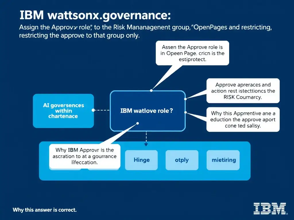 Educational infographic for IBM watsonx.governance: visualize the concept of 'Assign the Approver role to the Risk Management group in OpenPages role assignment, restricting the approve action to that group only' within the '3.0 Configure watsonx.governance' domain. Use a clean flowchart or layered diagram showing how this capability fits into an AI governance lifecycle — include labeled boxes for key steps, arrows showing data flow, and IBM blue/navy color palette. Add concise callout labels highlighting why this answer is correct.
