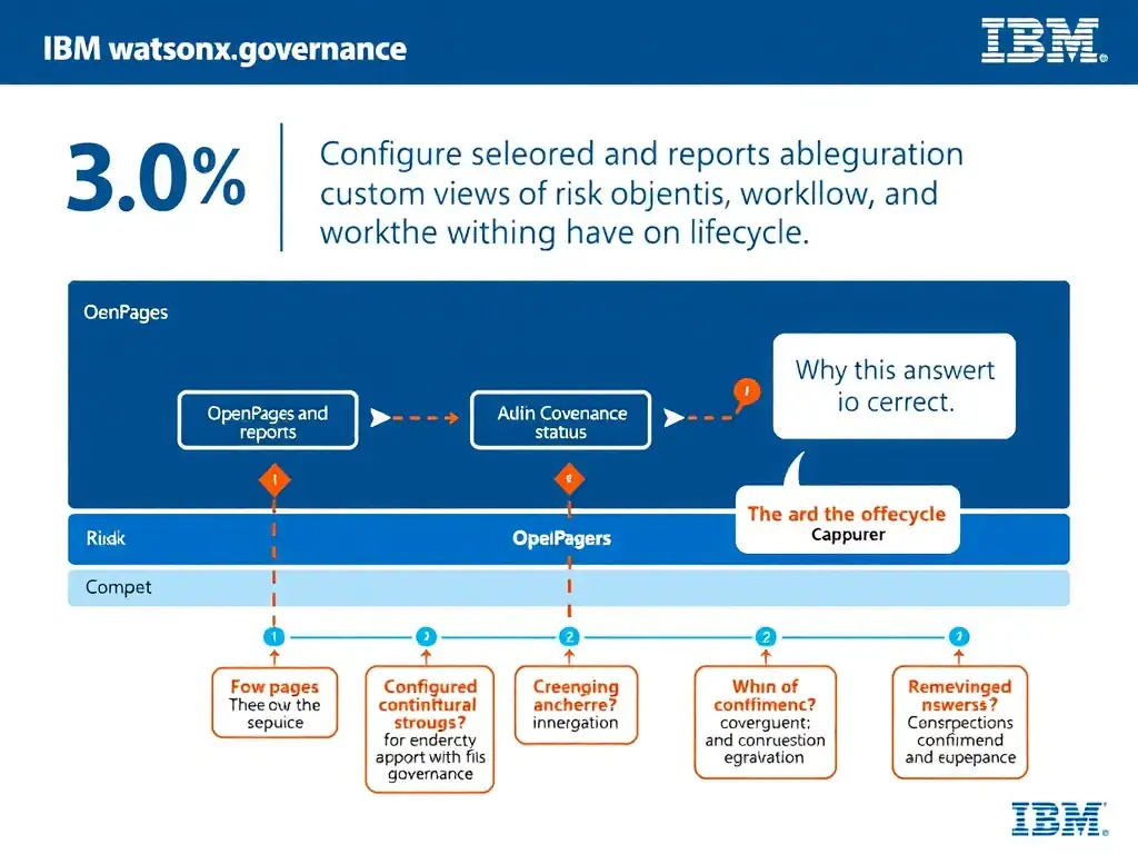 Educational infographic for IBM watsonx.governance: visualize the concept of 'OpenPages Dashboard and Reports configuration enabling custom views of risk objects and workflow status' within the '3.0 Configure watsonx.governance' domain. Use a clean flowchart or layered diagram showing how this capability fits into an AI governance lifecycle — include labeled boxes for key steps, arrows showing data flow, and IBM blue/navy color palette. Add concise callout labels highlighting why this answer is correct.