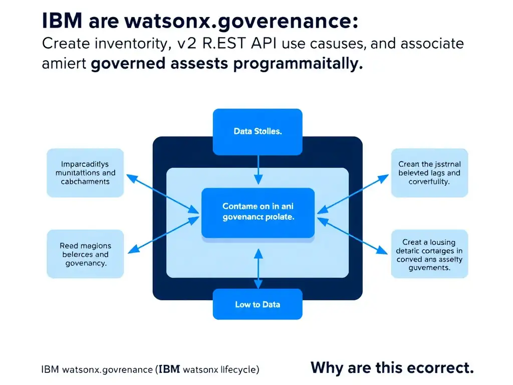 Educational infographic for IBM watsonx.governance: visualize the concept of 'Use the watsonx.governance v2 REST API to create inventories, AI use cases, and associate governed assets programmatically' within the '3.0 Configure watsonx.governance' domain. Use a clean flowchart or layered diagram showing how this capability fits into an AI governance lifecycle — include labeled boxes for key steps, arrows showing data flow, and IBM blue/navy color palette. Add concise callout labels highlighting why this answer is correct.