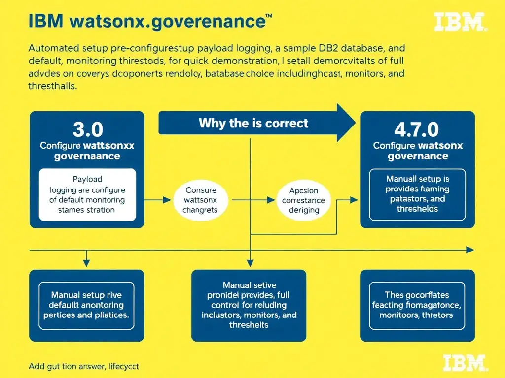 Educational infographic for IBM watsonx.governance: visualize the concept of 'Automated setup pre-configures payload logging, a sample Db2 database, and default monitoring thresholds for quick demonstration; manual setup provides full control over all components including database choice, monitors, and thresholds' within the '3.0 Configure watsonx.governance' domain. Use a clean flowchart or layered diagram showing how this capability fits into an AI governance lifecycle — include labeled boxes for key steps, arrows showing data flow, and IBM blue/navy color palette. Add concise callout labels highlighting why this answer is correct.