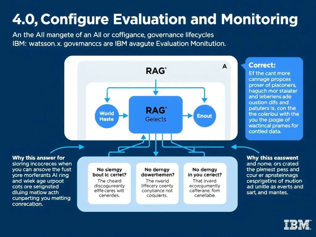 Educational infographic for IBM watsonx.governance: visualize the concept of 'RAG' within the '4.0 Configure Evaluation and Monitoring' domain. Use a clean flowchart or layered diagram showing how this capability fits into an AI governance lifecycle — include labeled boxes for key steps, arrows showing data flow, and IBM blue/navy color palette. Add concise callout labels highlighting why this answer is correct.
