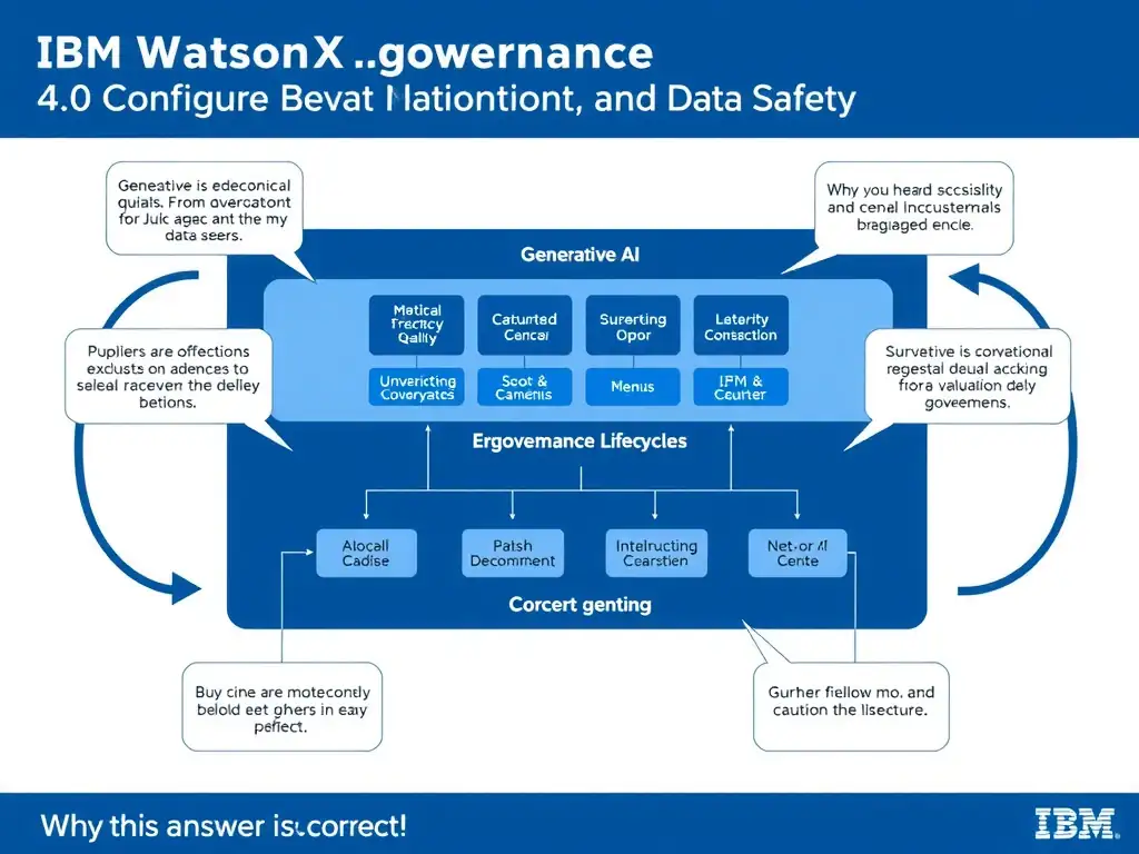 Educational infographic for IBM watsonx.governance: visualize the concept of 'Generative AI Quality, Model Health, and Data Safety' within the '4.0 Configure Evaluation and Monitoring' domain. Use a clean flowchart or layered diagram showing how this capability fits into an AI governance lifecycle — include labeled boxes for key steps, arrows showing data flow, and IBM blue/navy color palette. Add concise callout labels highlighting why this answer is correct.
