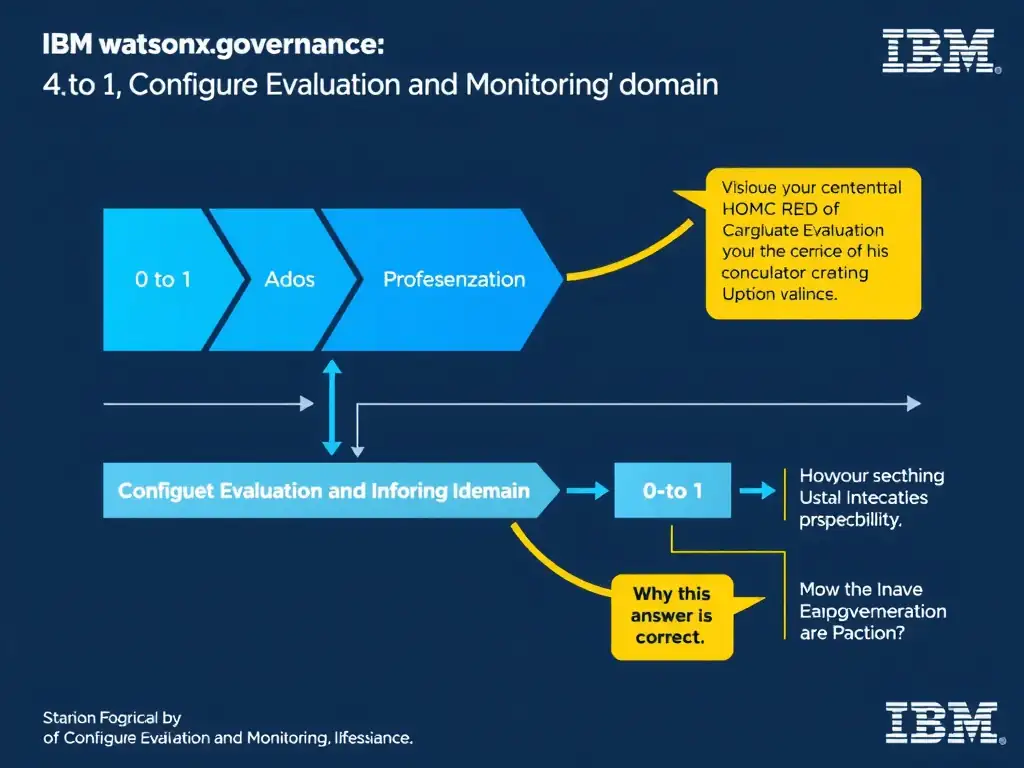 Educational infographic for IBM watsonx.governance: visualize the concept of '0 to 1' within the '4.0 Configure Evaluation and Monitoring' domain. Use a clean flowchart or layered diagram showing how this capability fits into an AI governance lifecycle — include labeled boxes for key steps, arrows showing data flow, and IBM blue/navy color palette. Add concise callout labels highlighting why this answer is correct.