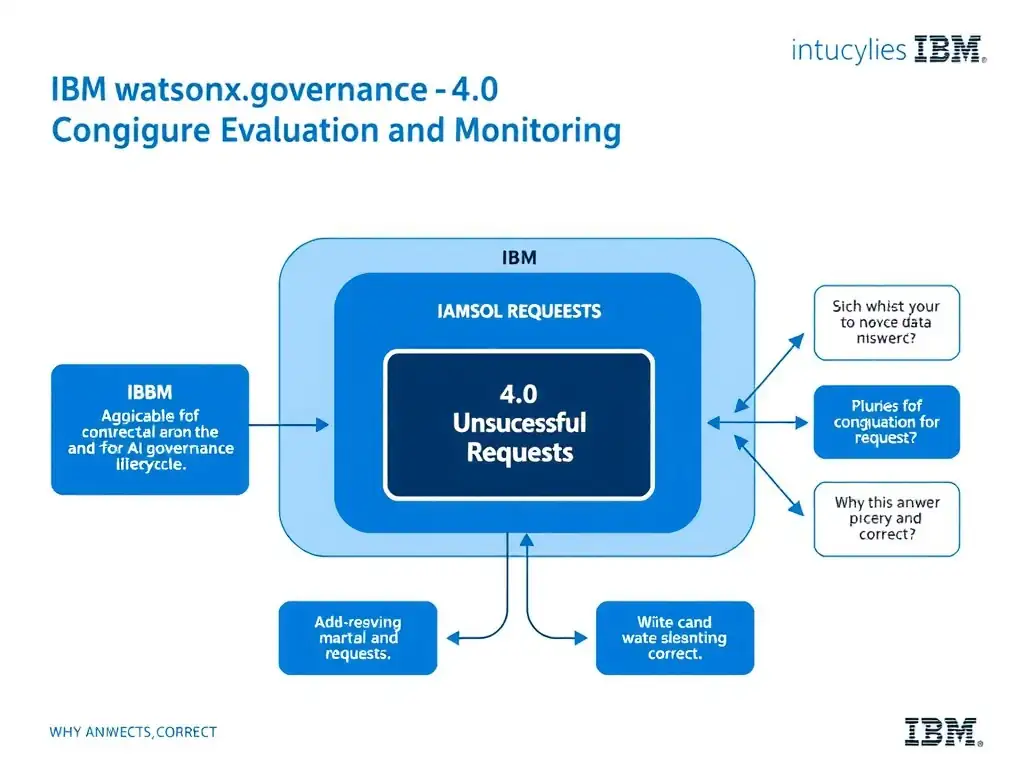 Educational infographic for IBM watsonx.governance: visualize the concept of 'Unsuccessful Requests' within the '4.0 Configure Evaluation and Monitoring' domain. Use a clean flowchart or layered diagram showing how this capability fits into an AI governance lifecycle — include labeled boxes for key steps, arrows showing data flow, and IBM blue/navy color palette. Add concise callout labels highlighting why this answer is correct.