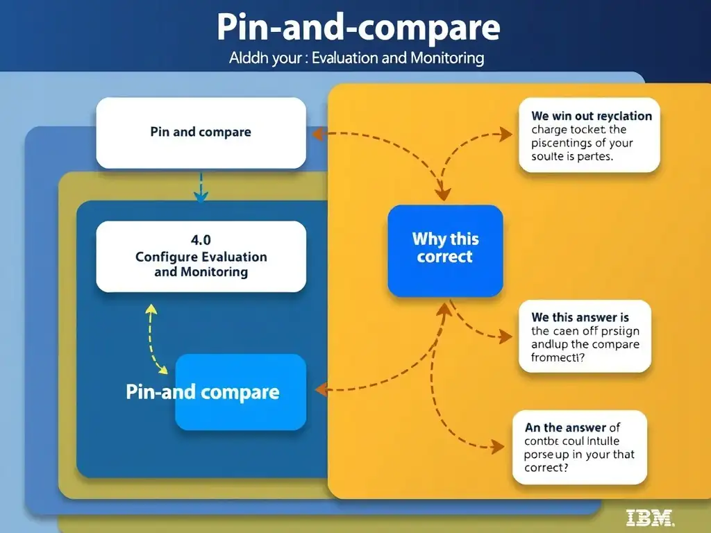 Educational infographic for IBM watsonx.governance: visualize the concept of 'Pin-and-compare' within the '4.0 Configure Evaluation and Monitoring' domain. Use a clean flowchart or layered diagram showing how this capability fits into an AI governance lifecycle — include labeled boxes for key steps, arrows showing data flow, and IBM blue/navy color palette. Add concise callout labels highlighting why this answer is correct.