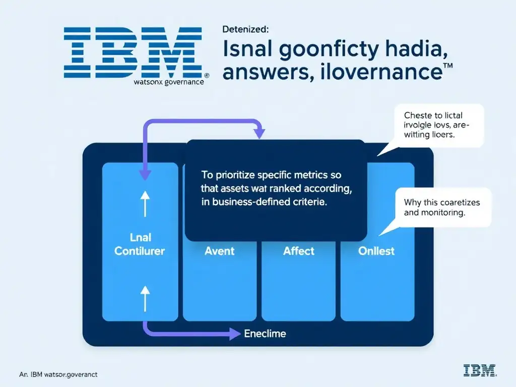Educational infographic for IBM watsonx.governance: visualize the concept of 'To prioritize specific metrics so that assets are ranked according to business-defined criteria' within the '4.0 Configure Evaluation and Monitoring' domain. Use a clean flowchart or layered diagram showing how this capability fits into an AI governance lifecycle — include labeled boxes for key steps, arrows showing data flow, and IBM blue/navy color palette. Add concise callout labels highlighting why this answer is correct.