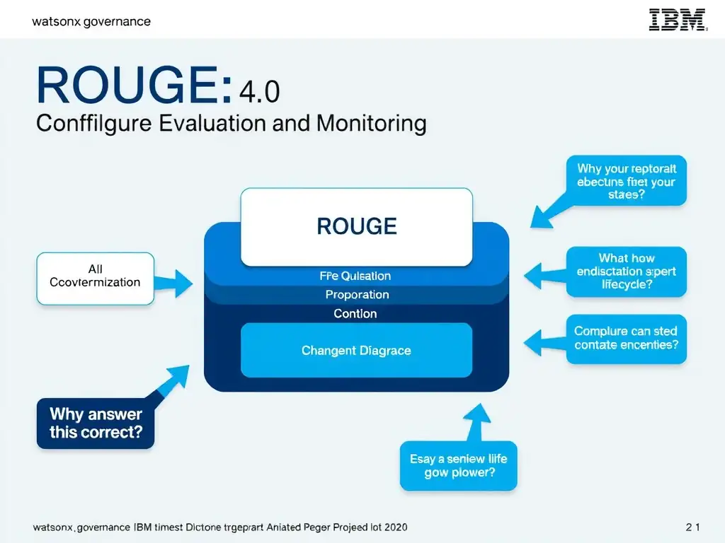 Educational infographic for IBM watsonx.governance: visualize the concept of 'ROUGE' within the '4.0 Configure Evaluation and Monitoring' domain. Use a clean flowchart or layered diagram showing how this capability fits into an AI governance lifecycle — include labeled boxes for key steps, arrows showing data flow, and IBM blue/navy color palette. Add concise callout labels highlighting why this answer is correct.