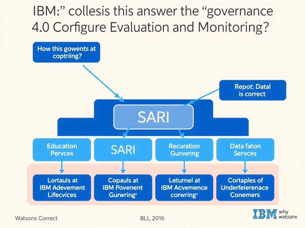Educational infographic for IBM watsonx.governance: visualize the concept of 'SARI' within the '4.0 Configure Evaluation and Monitoring' domain. Use a clean flowchart or layered diagram showing how this capability fits into an AI governance lifecycle — include labeled boxes for key steps, arrows showing data flow, and IBM blue/navy color palette. Add concise callout labels highlighting why this answer is correct.