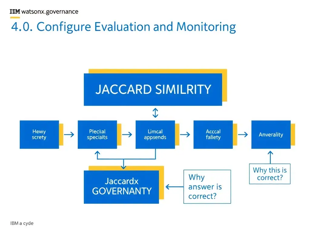 Educational infographic for IBM watsonx.governance: visualize the concept of 'Jaccard similarity' within the '4.0 Configure Evaluation and Monitoring' domain. Use a clean flowchart or layered diagram showing how this capability fits into an AI governance lifecycle — include labeled boxes for key steps, arrows showing data flow, and IBM blue/navy color palette. Add concise callout labels highlighting why this answer is correct.