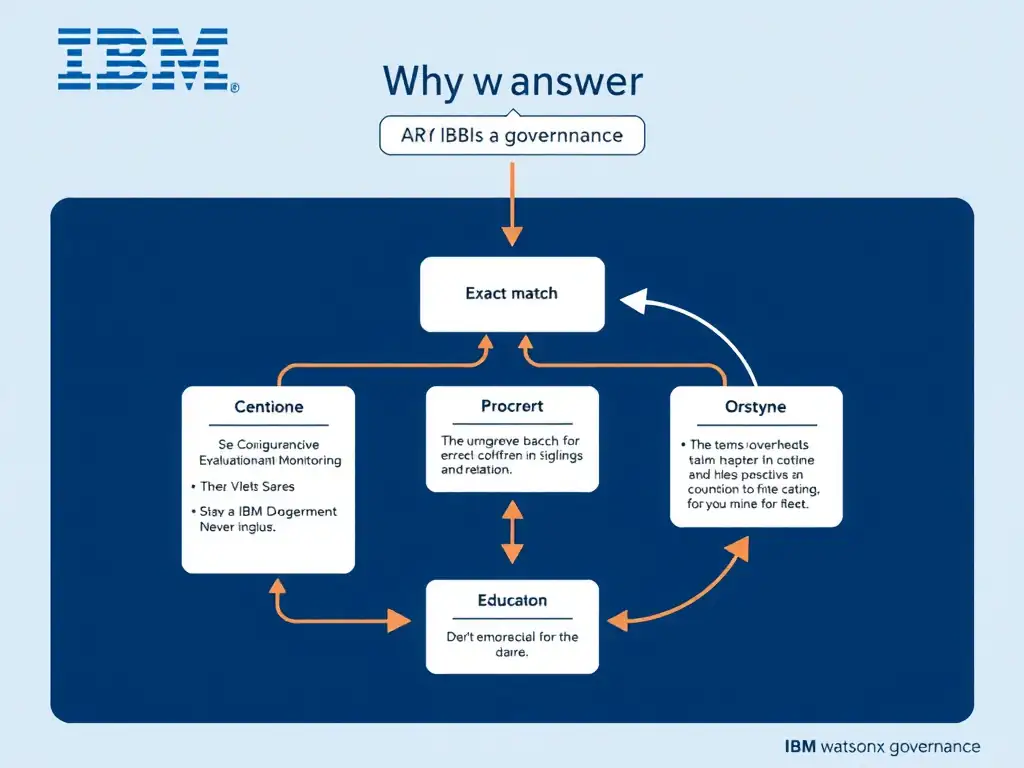 Educational infographic for IBM watsonx.governance: visualize the concept of 'Exact match' within the '4.0 Configure Evaluation and Monitoring' domain. Use a clean flowchart or layered diagram showing how this capability fits into an AI governance lifecycle — include labeled boxes for key steps, arrows showing data flow, and IBM blue/navy color palette. Add concise callout labels highlighting why this answer is correct.