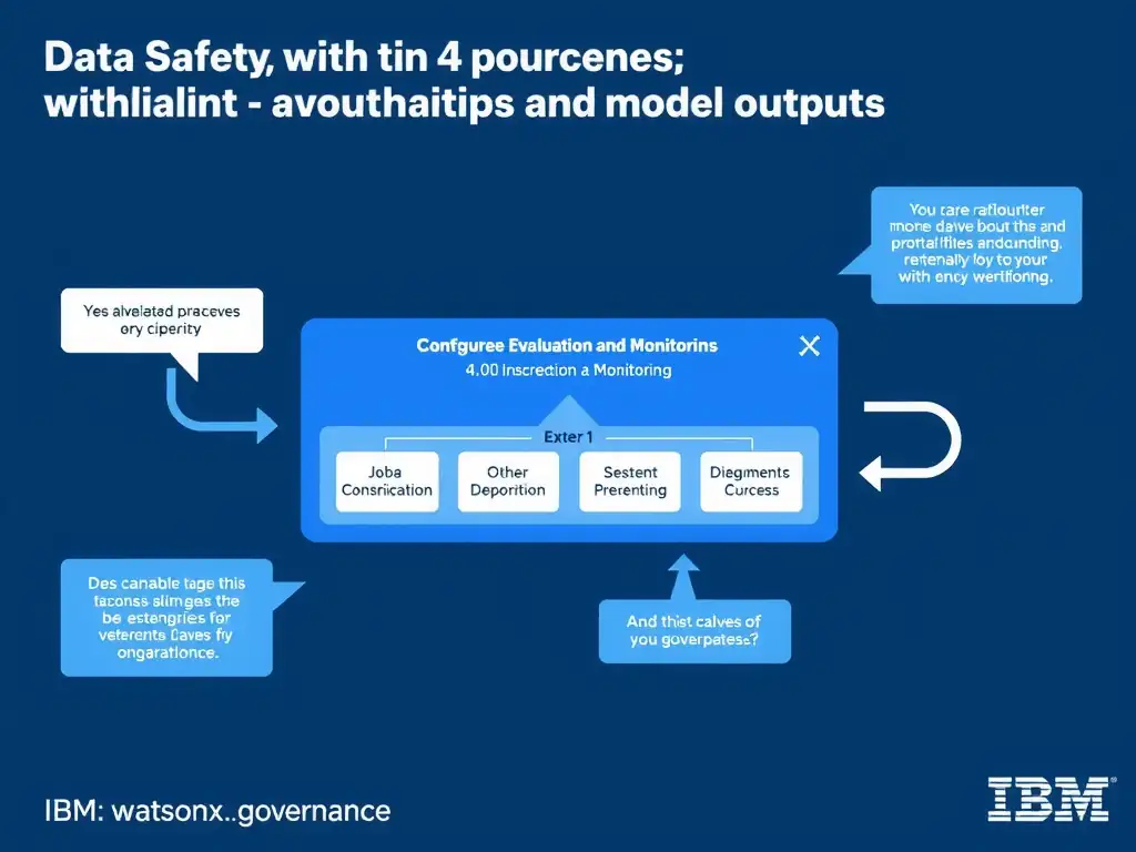 Educational infographic for IBM watsonx.governance: visualize the concept of 'Data Safety; both input prompts and model outputs' within the '4.0 Configure Evaluation and Monitoring' domain. Use a clean flowchart or layered diagram showing how this capability fits into an AI governance lifecycle — include labeled boxes for key steps, arrows showing data flow, and IBM blue/navy color palette. Add concise callout labels highlighting why this answer is correct.