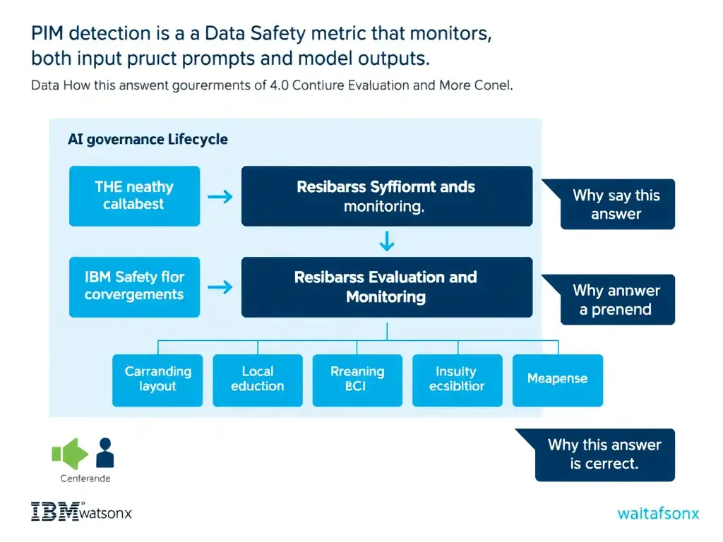 Educational infographic for IBM watsonx.governance: visualize the concept of 'PII detection is a Data Safety metric that monitors both input prompts and model outputs.' within the '4.0 Configure Evaluation and Monitoring' domain. Use a clean flowchart or layered diagram showing how this capability fits into an AI governance lifecycle — include labeled boxes for key steps, arrows showing data flow, and IBM blue/navy color palette. Add concise callout labels highlighting why this answer is correct.